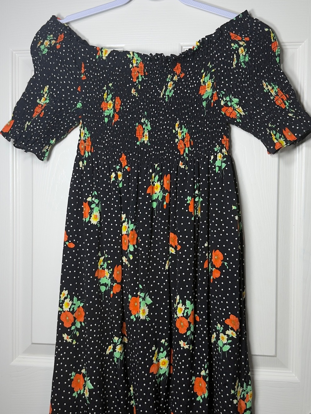 Zara Trafaluc Womens M Black Floral Polka Dot Smocked Off Shoulder Dress